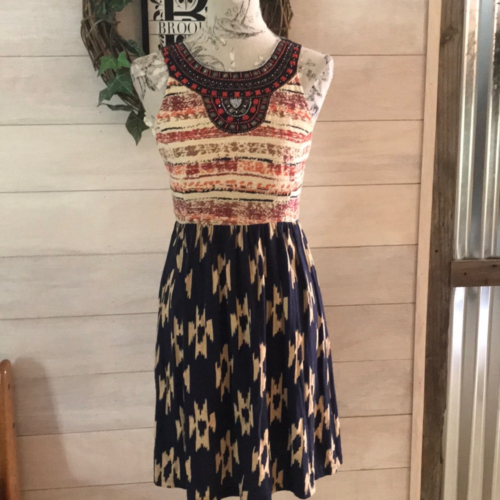 Lucky Brand Mixed-Print Sleeveless Dress in Red, Navy, Cream